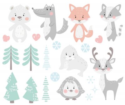 Sticker Rendier, wasbeer, zeehond, wolf, pinguïn, beer, vos baby winter set.