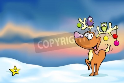 Sticker Rendieren met vogels en bellen op de hoorns