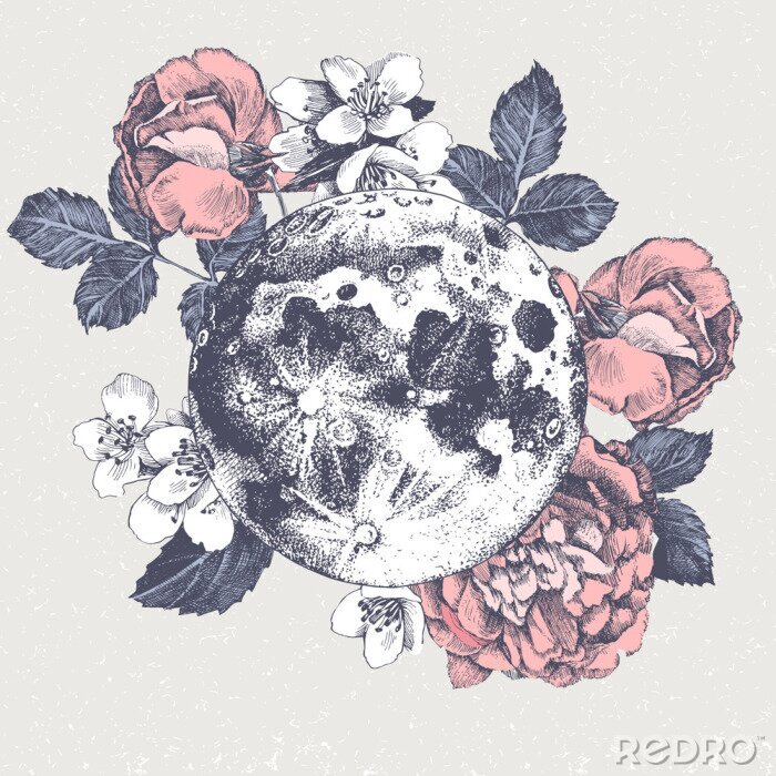 Sticker Retro afbeelding met maan en bloemen