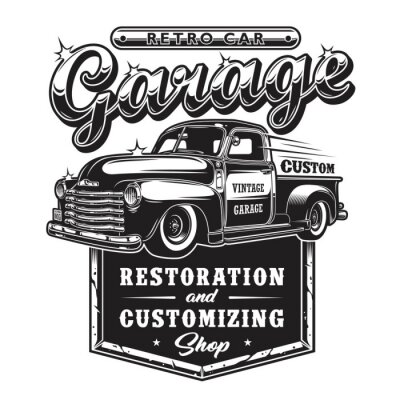 Sticker Retro autoreparatiegarage ondertekenen met retro stijlvrachtwagen. Aangepaste restauratiewinkel.