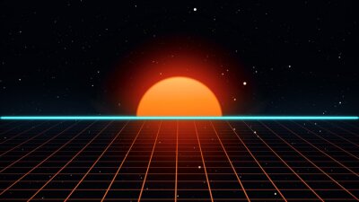 Retro futuristisch 80s VHS-spel intro landschap. Vlucht over het neonraster met zonsopgang en sterren. Arcade vintage gestileerde sci-fi VJ-motie 3d illustratie in 4K