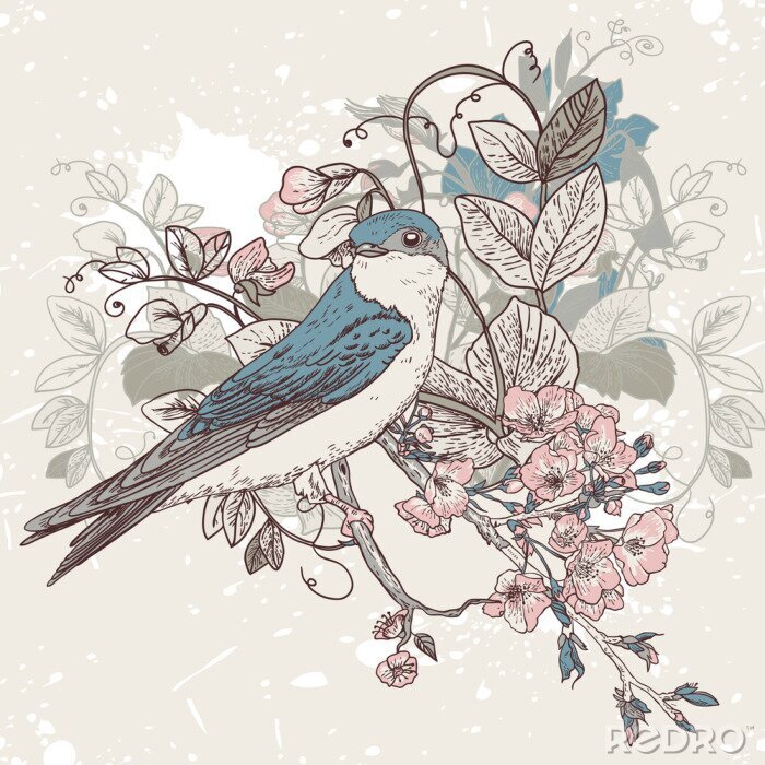 Sticker Retro illustratie met vogel