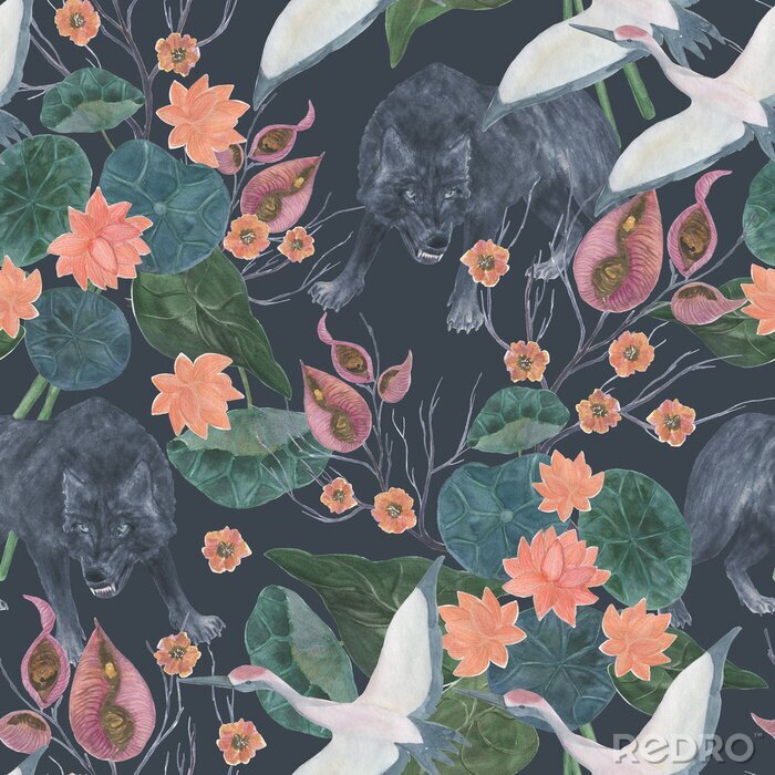 Sticker Retro kraanvogels en planten