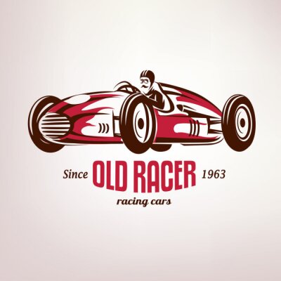 Sticker retro raceauto, uitstekende vector symbool, embleem, labelsjabloon