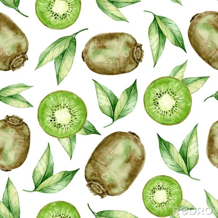 Sticker Ripe juicy kiwi fruit with slices seamless pattern. Hand drawn watercolor exotic fruits wallpaper. Kiwi, green leaves.