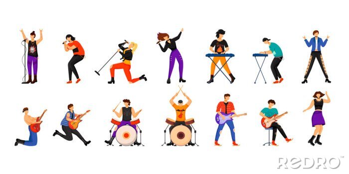 Sticker Rock musicians flat vector illustrations set. Music band members. Guitarists, drummers, lead vocalists, keyboardists. People playing musical instruments. Isolated cartoon characters