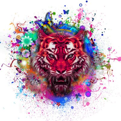 Sticker Rode tijger en kleurrijke verfspatten