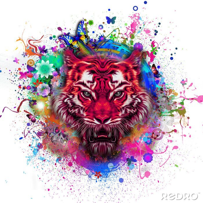 Sticker Rode tijger en kleurrijke verfspatten