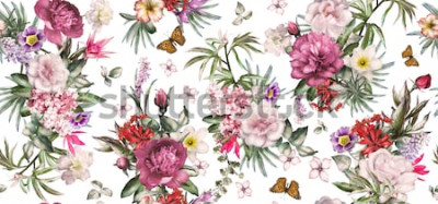 Sticker Romantische compositie met bloemen en vlinders