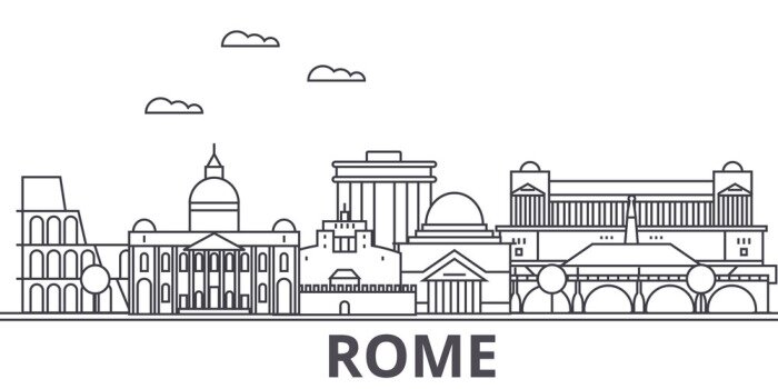 Sticker Rome architectuur lijn skyline illustratie. Lineair vector stadsbeeld met beroemde bezienswaardigheden, stadsbezienswaardigheden, design iconen. Bewerkbare strepen