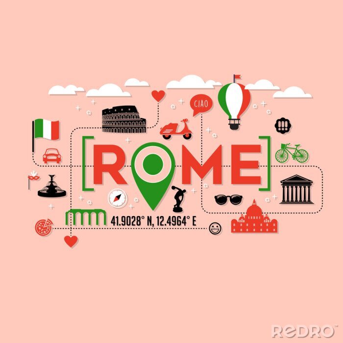 Sticker Rome Italië pictogrammen en typografie ontwerp voor kaarten, banners, t-shirts en posters