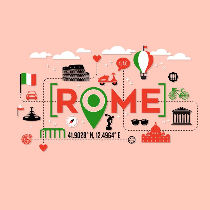 Sticker Rome Italië pictogrammen en typografie ontwerp voor kaarten, banners, t-shirts en posters