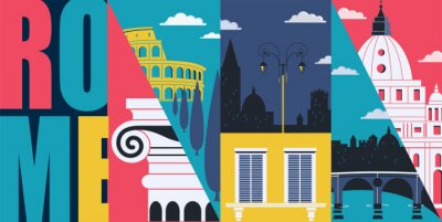 Sticker Rome, Italy vector banner, illustration. Cityscape, historical landmarks in modern flat design