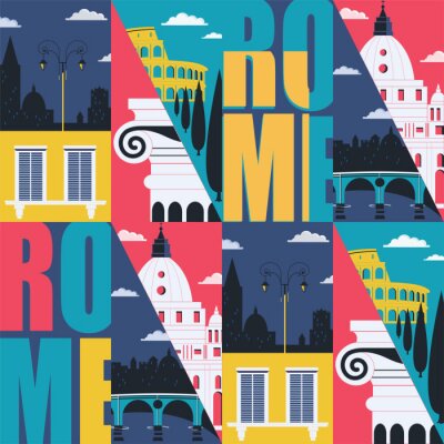 Sticker Rome, Italy vector seamless pattern. Cityscape, historical landmarks