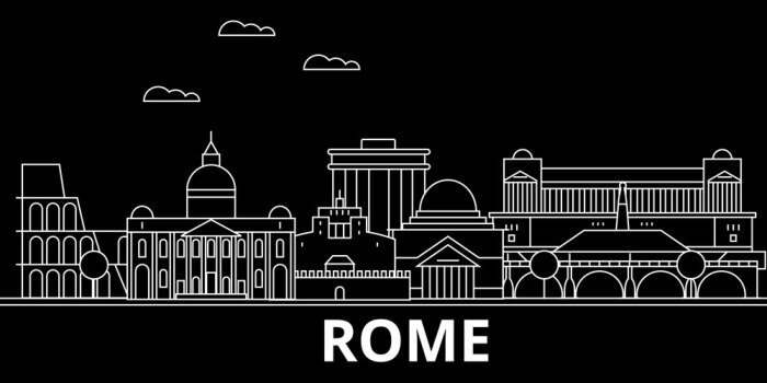 Sticker Rome silhouet skyline. Italië - Rome vectorstad, Italiaanse lineaire architectuur, gebouwen. Rome lijn reizen illustratie, bezienswaardigheden. Het vlakke pictogram van Italië, de Italiaanse banner va