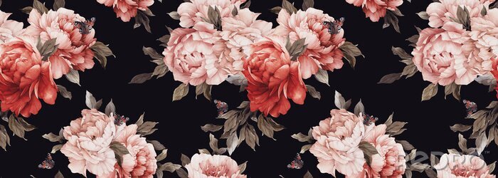 Sticker Rood-roze pioenrozen op een zwarte achtergrond