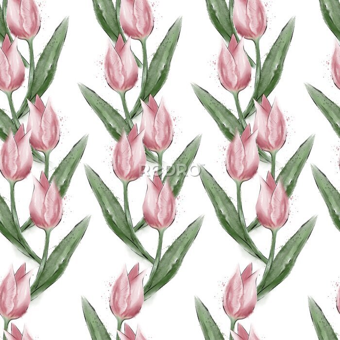 Sticker Roze aquarel tulpen op witte achtergrond