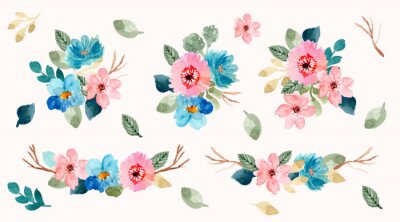 Sticker Roze en blauwe bloemen illustratie collectie