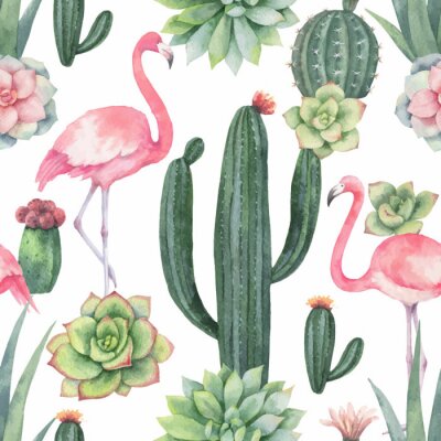 Roze flamingo's tussen cactussen en vetplanten