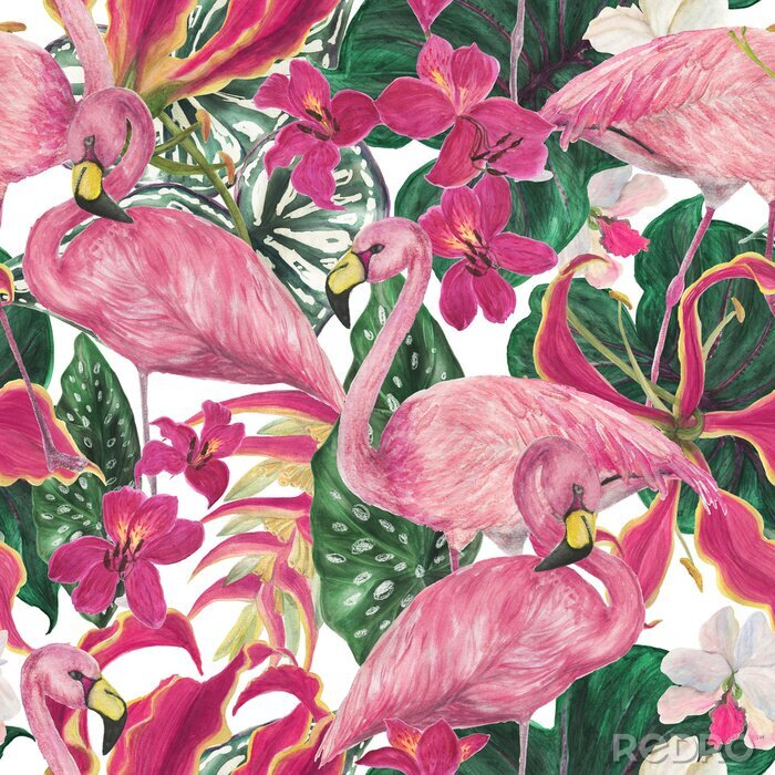 Sticker Roze flamingo's met bloemen op een achtergrond van bladeren