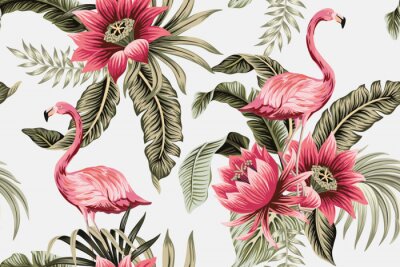 Sticker Roze flamingo's tussen exotische vegetatie