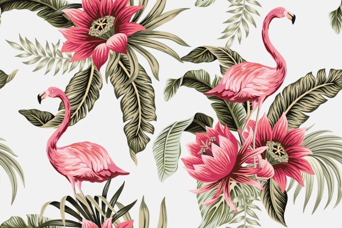 Sticker Roze flamingo's tussen exotische vegetatie