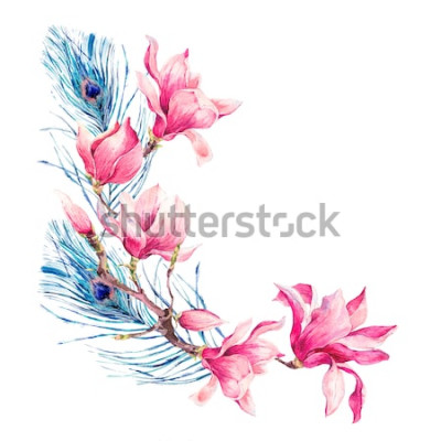 Sticker Roze magnolia's en pauwenveren