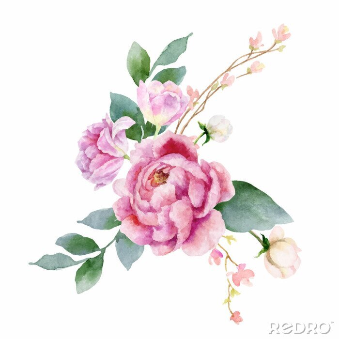 Sticker Roze pioenrozen op groene bladeren