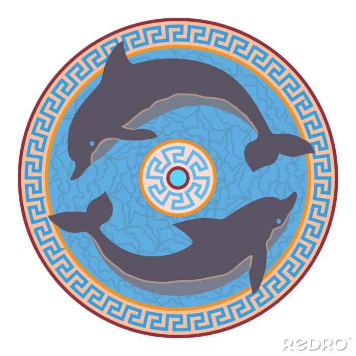 Sticker Rozet met twee dolfijnen. Minoan stijl.