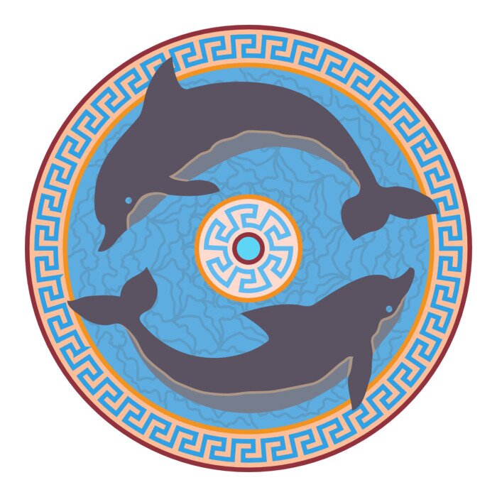 Sticker Rozet met twee dolfijnen. Minoan stijl.