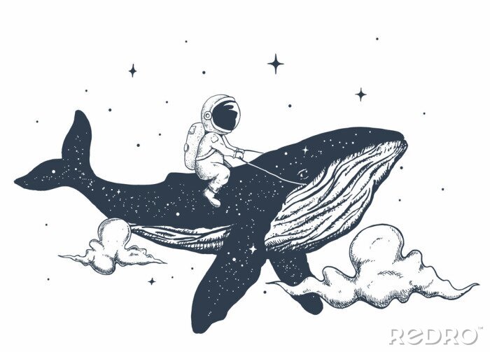 Sticker Ruimteastronaut die op een walvis rijdt