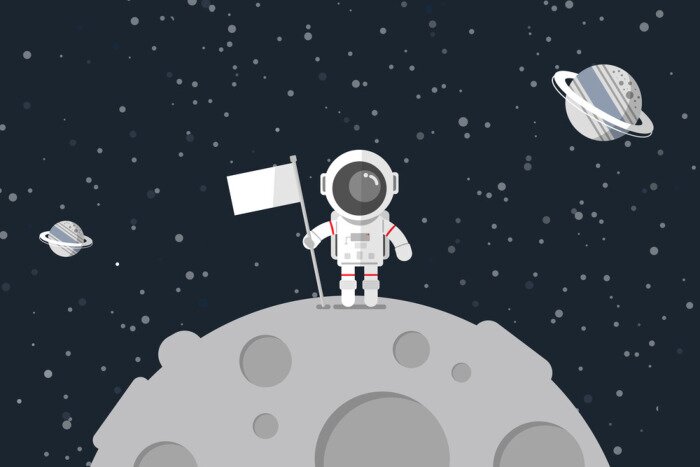 Sticker Ruimteastronaut met een vlag op de planeet