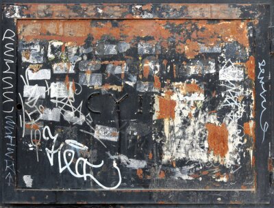 Sticker rusty and damaged metal square with frame, graffiti and old stickers peeled off