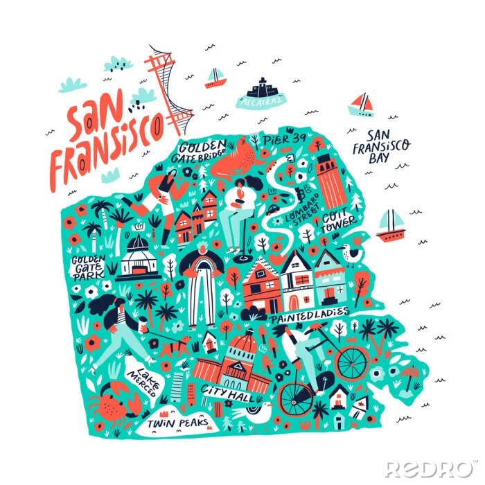 Sticker San Francisco creative travel map flat hand drawn illustration. American state tourist landmarks and famous places names lettering and doodle drawings. USA tourism poster cartoon concept
