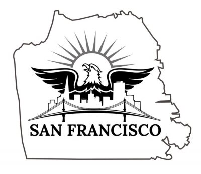 Sticker San Francisco kaart. Californië. San Francisco. VERENIGDE STATEN VAN AMERIKA. Oakland Bay Bridge. San Francisco-Oakland Bay Bridge. San Francisco Business Center