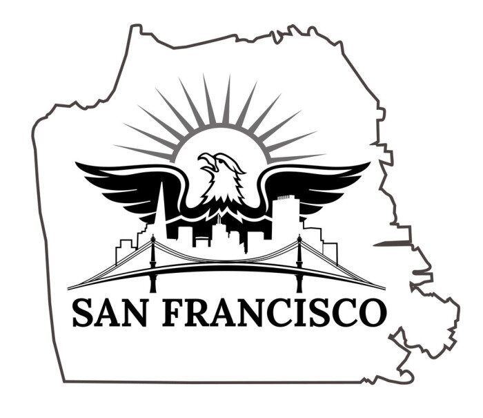 Sticker San Francisco kaart. Californië. San Francisco. VERENIGDE STATEN VAN AMERIKA. Oakland Bay Bridge. San Francisco-Oakland Bay Bridge. San Francisco Business Center
