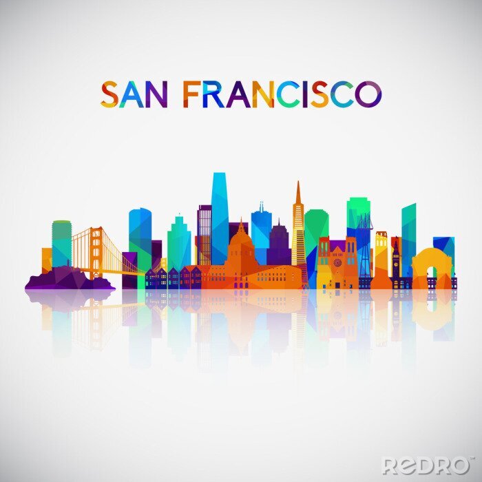 Sticker San Francisco skyline silhouet in kleurrijke geometrische stijl. Symbool voor uw ontwerp. Vector illustratie
