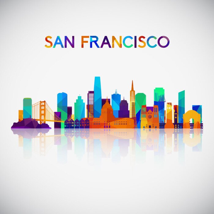 Sticker San Francisco skyline silhouet in kleurrijke geometrische stijl. Symbool voor uw ontwerp. Vector illustratie