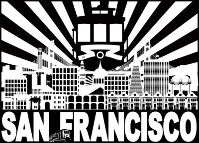 Sticker San Francisco Skyline Trolley en Sun Rays met tekst vectorillustratie