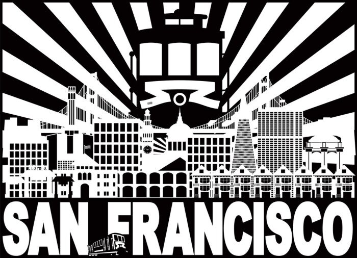 Sticker San Francisco Skyline Trolley en Sun Rays met tekst vectorillustratie
