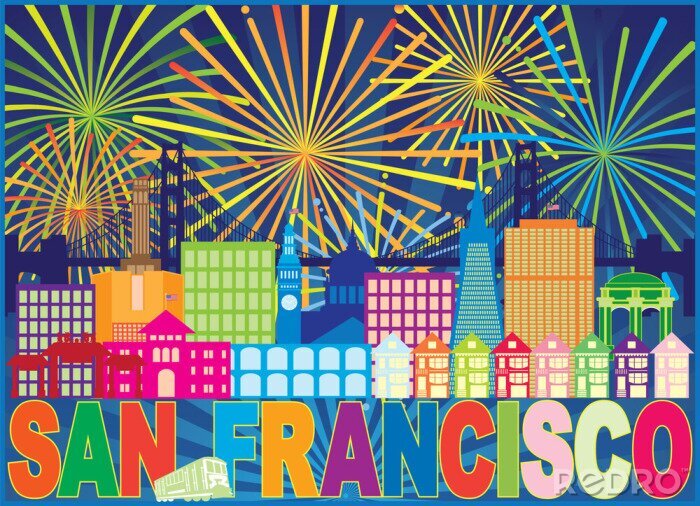Sticker San Francisco Skyline Trolley Fireworks Color vector illustratie
