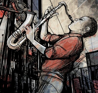 Sticker saxofonist in een straat in de nacht