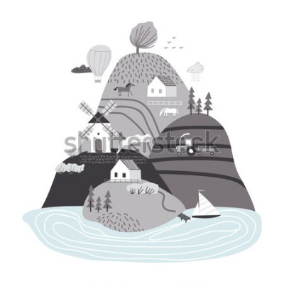 Sticker Scandinavian landscape. Hand drawn vector abstract scandinavian graphic illustration with houses, trees and hills. Cute landscape.