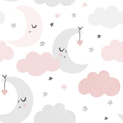 Schattig hemelpatroon. Naadloos vectorontwerp met glimlachen, slaapmaan, harten, sterren en wolken. Baby illustratie.