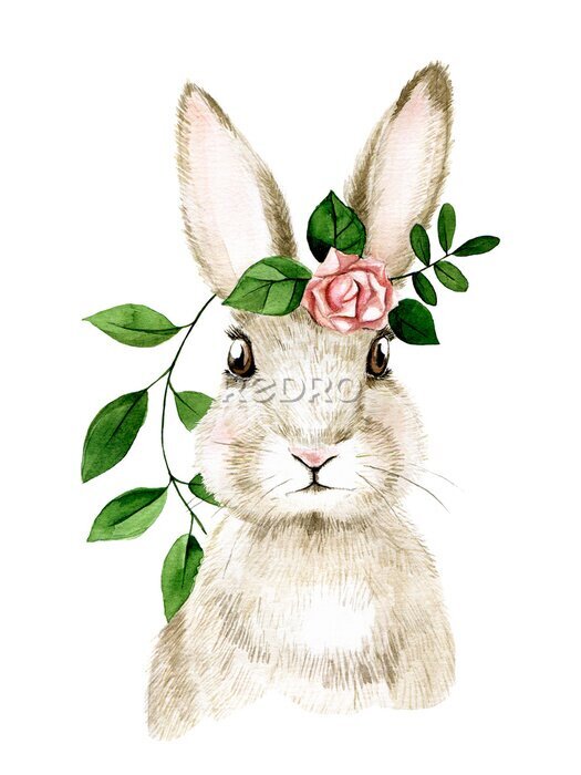 Sticker Schattig konijntje met een roos op een witte achtergrond