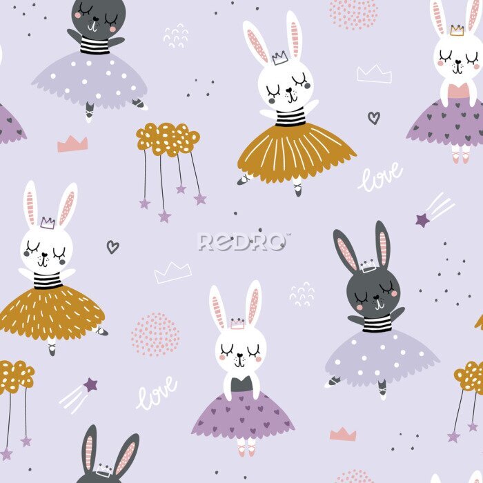 Sticker Schattige ballerina konijntjes op een paarse achtergrond