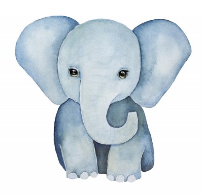 Sticker Schattige kleine baby olifant schilderij. Grote oren, mooie ogen, grijsblauwe kleuren, vooraanzicht. Baby t-shirt print, jeugd element. Hand getrokken waterkleurillustratie, geïsoleerde, witte achterg