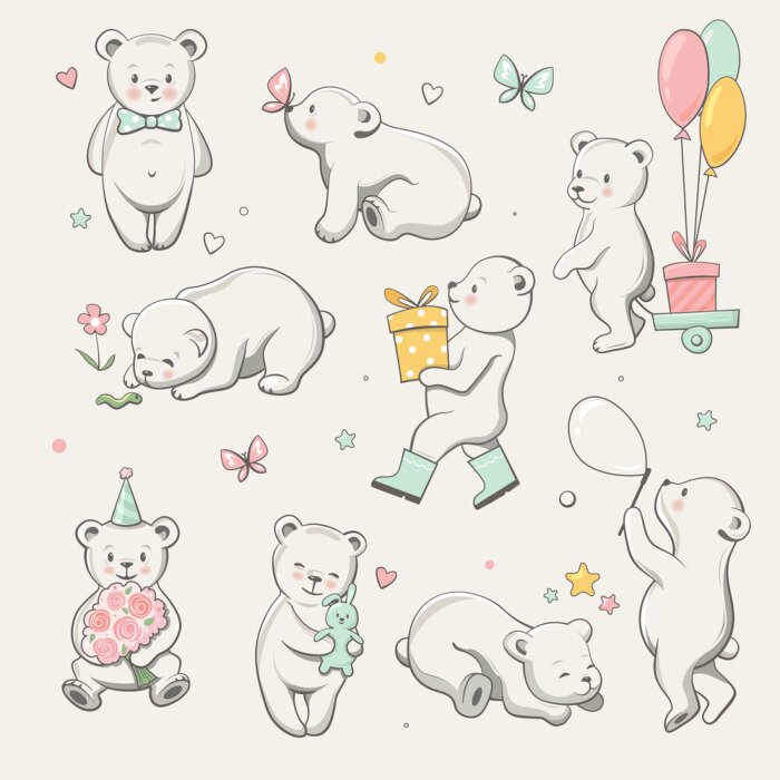 Sticker Schattige kleine beer collectie. Perfectioneer voor de groetkaart van de babydoucheviering, stickers, uitnodiging, t-shirtdruk, manierontwerp, kinderenslijtage. Cartoon hand getrokken stijl, vectorill