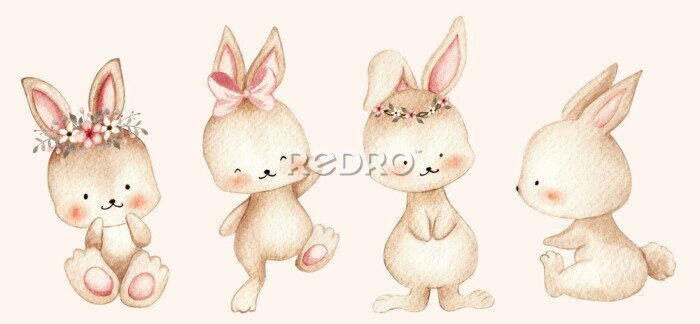 Sticker Schattige konijntjes op een roze achtergrond