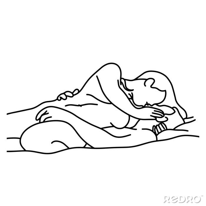 Sticker schets naakte paar zoenen op bed vector illustratie schets hand getekend met zwarte lijnen, geïsoleerd op een witte achtergrond